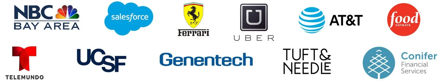 Collection of logos, including NBC, Salesforce, Ferrari, Uber, AT&T, Food Network, Telemundo, UCSF, Genentech, Tuft & Needle, and Conifer Financial Services.