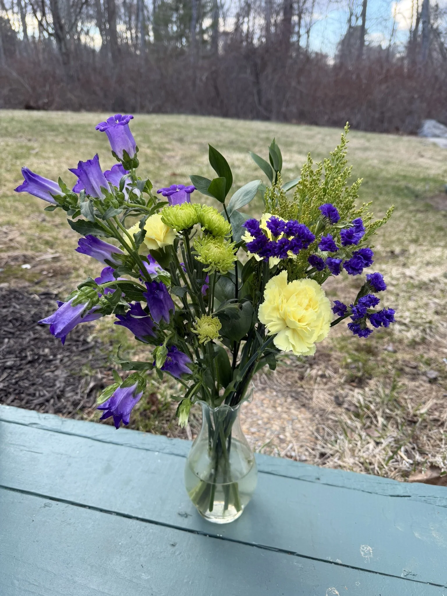 A bouquet of purple, yellow, and green flowers in a clear glass vase on a light blue table outdoors. In the background, there is grass, bare trees, and a partly cloudy sky.