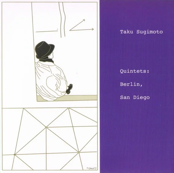 A person wearing a hat and a jacket, looking at a diagram on a whiteboard, with a geometric pattern and a purple section with text about Taku Sugimoto and quintets from Berlin and San Diego.