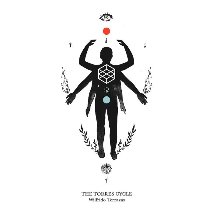 Silhouette of a human figure with multiple arms, surrounded by symbolic elements including an eye, geometric cube, and plant illustrations, representing a cycle or spiritual concept.