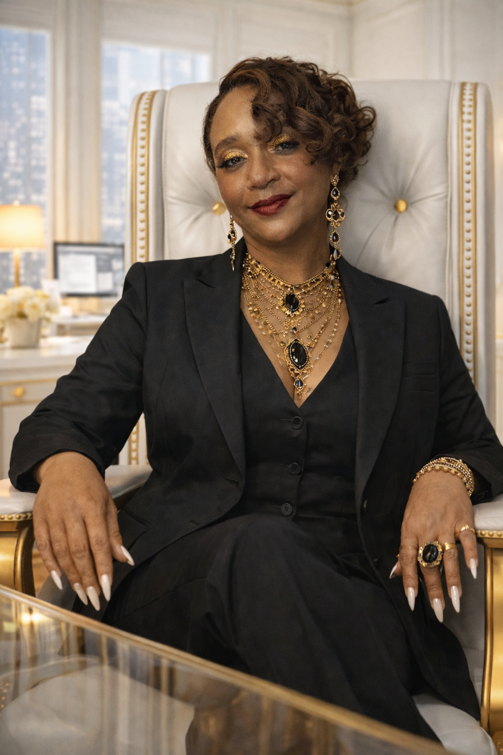 black suit white chair