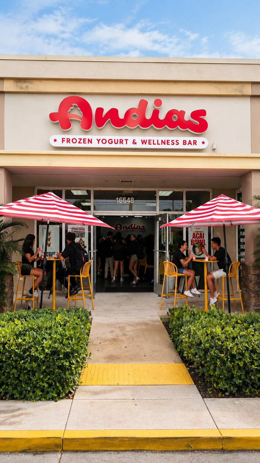 Andias storefront with guests enjoying the outdoor seating area