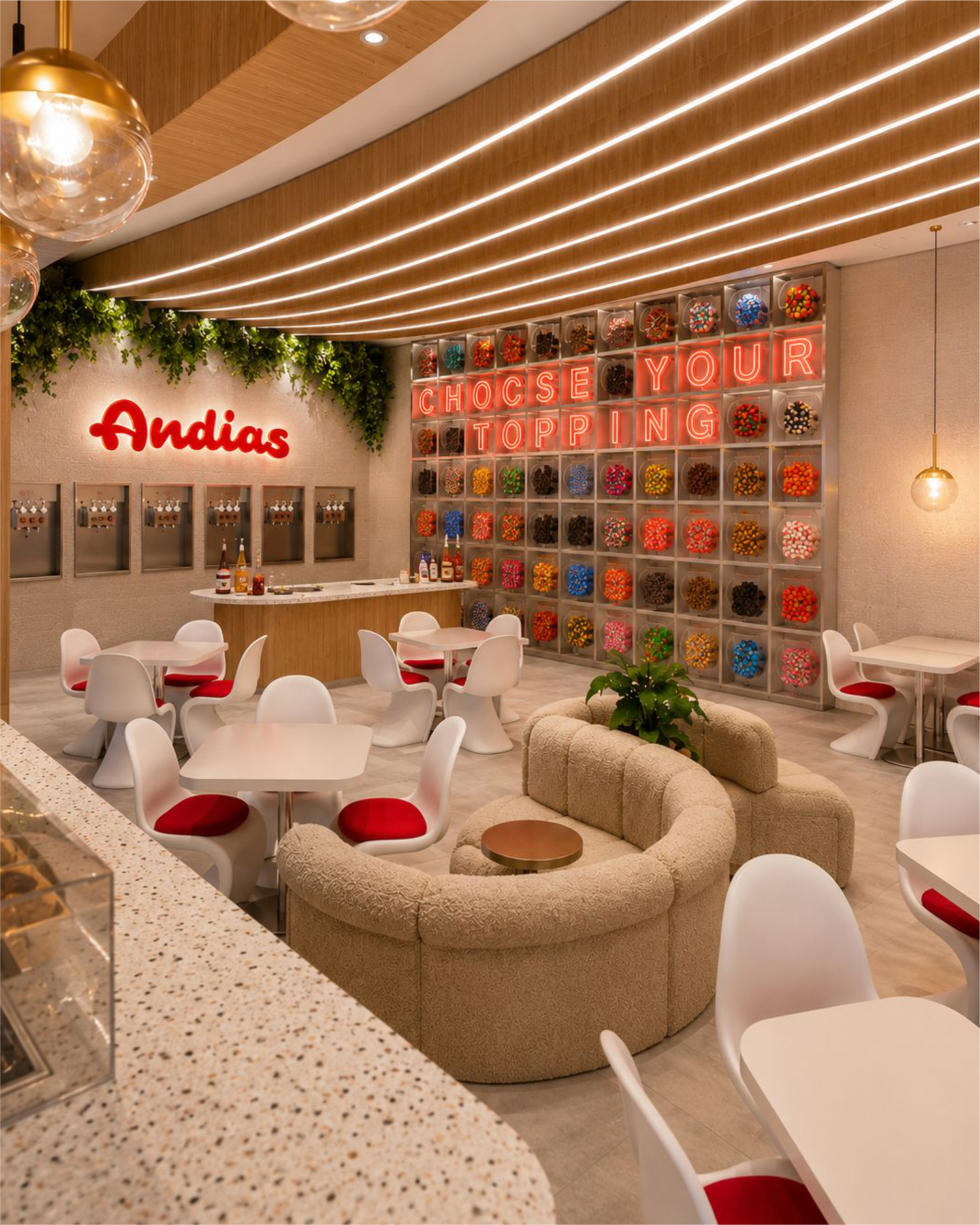 Andias branded store concept with frozen yogurt wall and guest seating