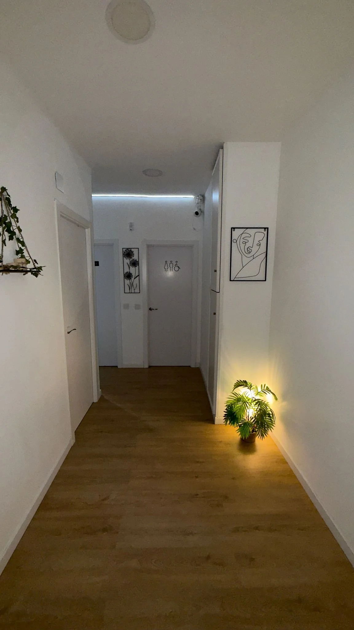 Pasillo interior con madera en el piso, paredes blancas, arte de línea enmarcado en las paredes, una planta iluminada en una esquina, puertas y señalización para baño adaptado al fondo.