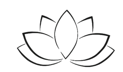 Dibujo de una flor de loto estilizada en línea blanca sobre fondo negro.