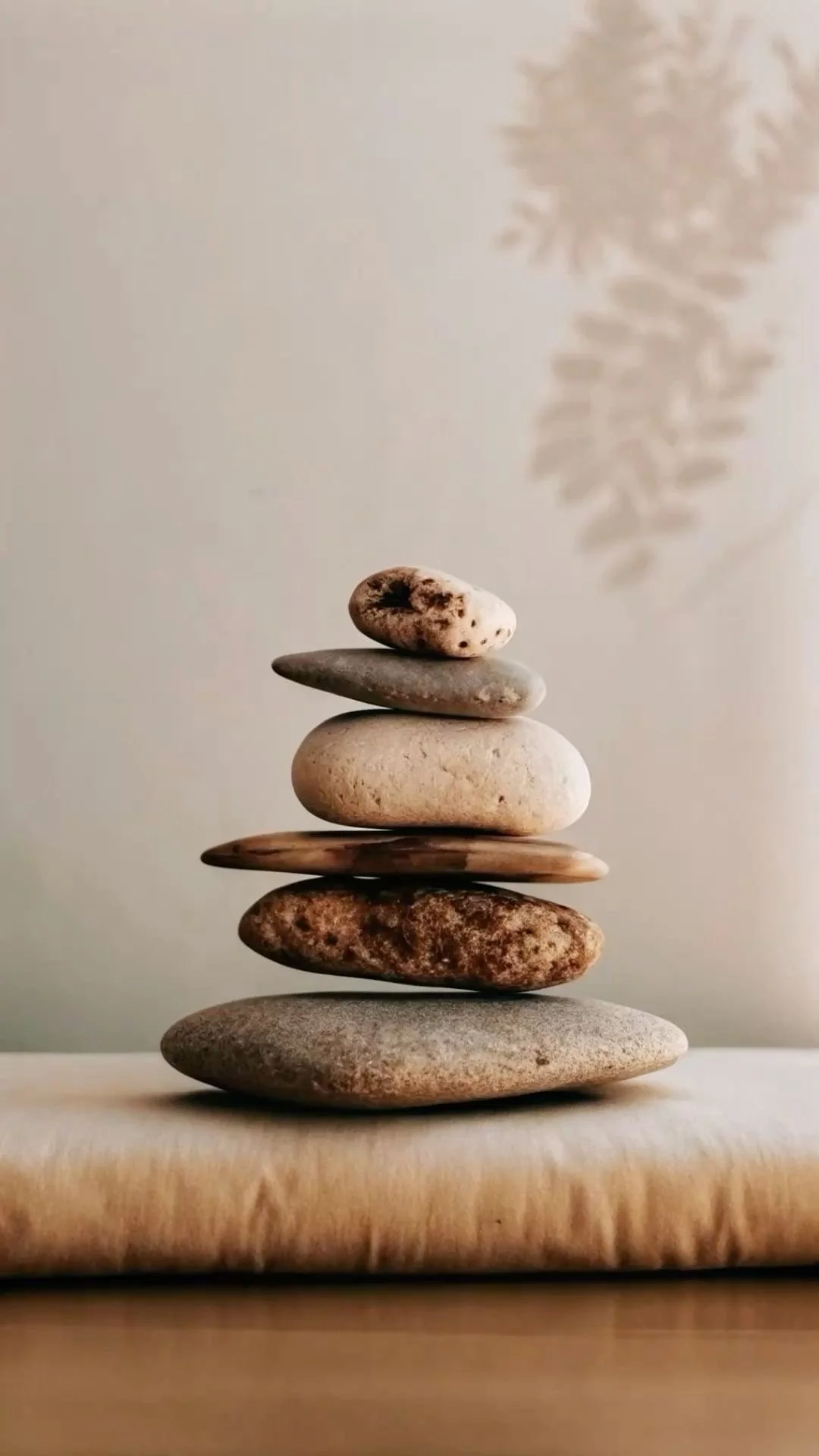 Seis piedras de diferentes tamaños y colores apiladas en una mesa de madera.