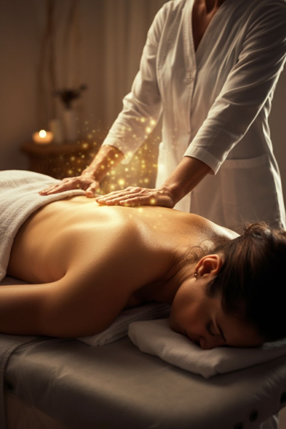 Una mujer recibe un masaje en una camilla en un spa o centro de masajes, con luz cálida y ambiente relajante.