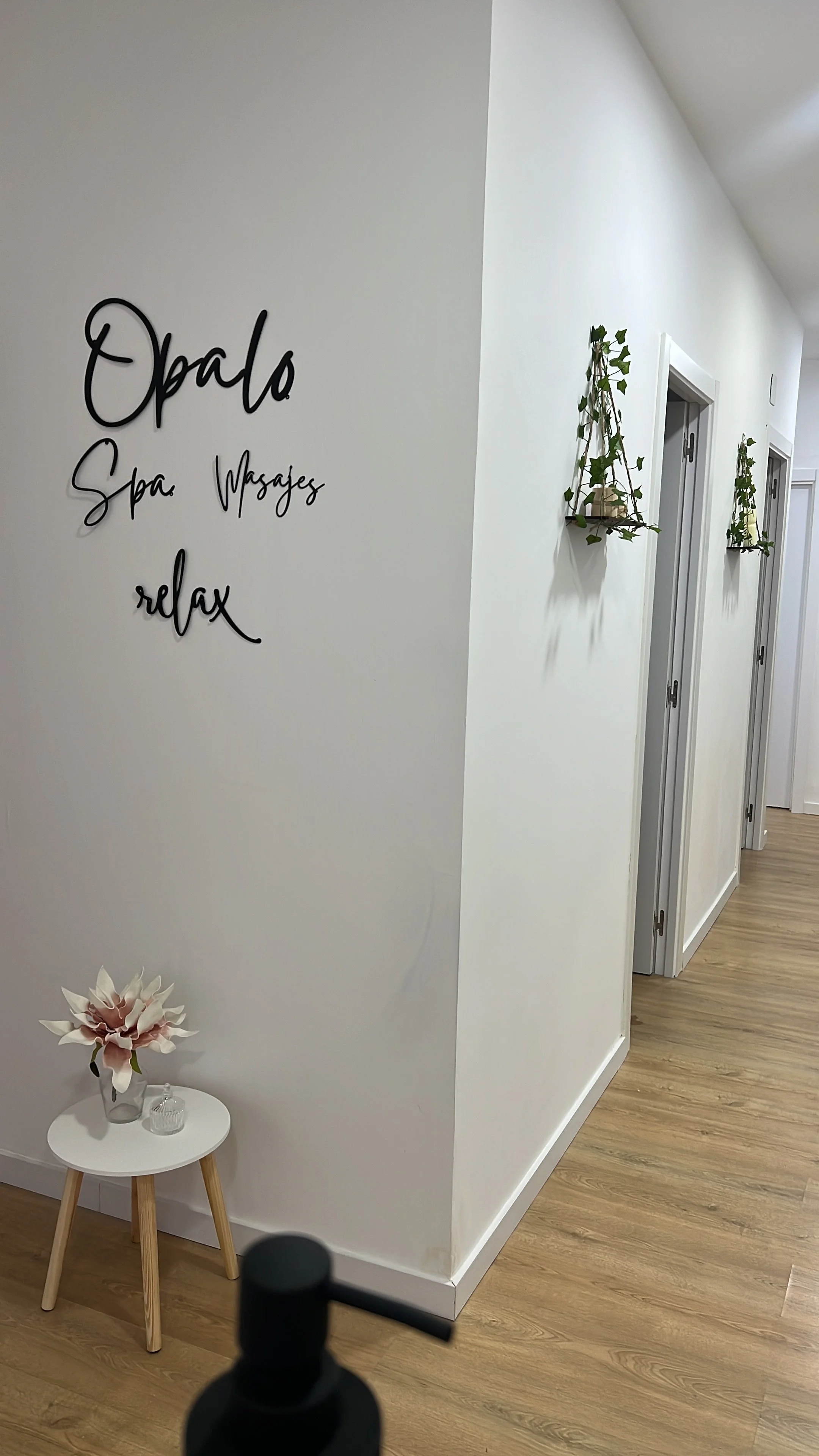 Pasillo con paredes blancas, piso de madera clara y puertas a los lados, decoración con plantas y un letrero que dice 'Opalo Spa. Masajes. relax'.