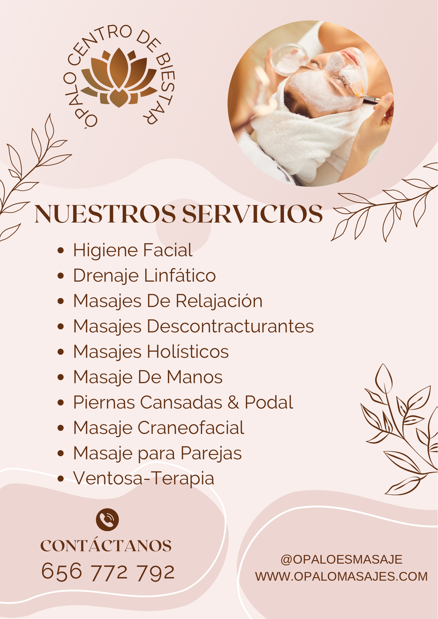 Un cartel de servicios de un centro de masajes que incluye higiene facial, drenaje linfático, masajes de relajación y otros tratamientos, con foto de una mujer recibiendo un facial en la esquina superior derecha.