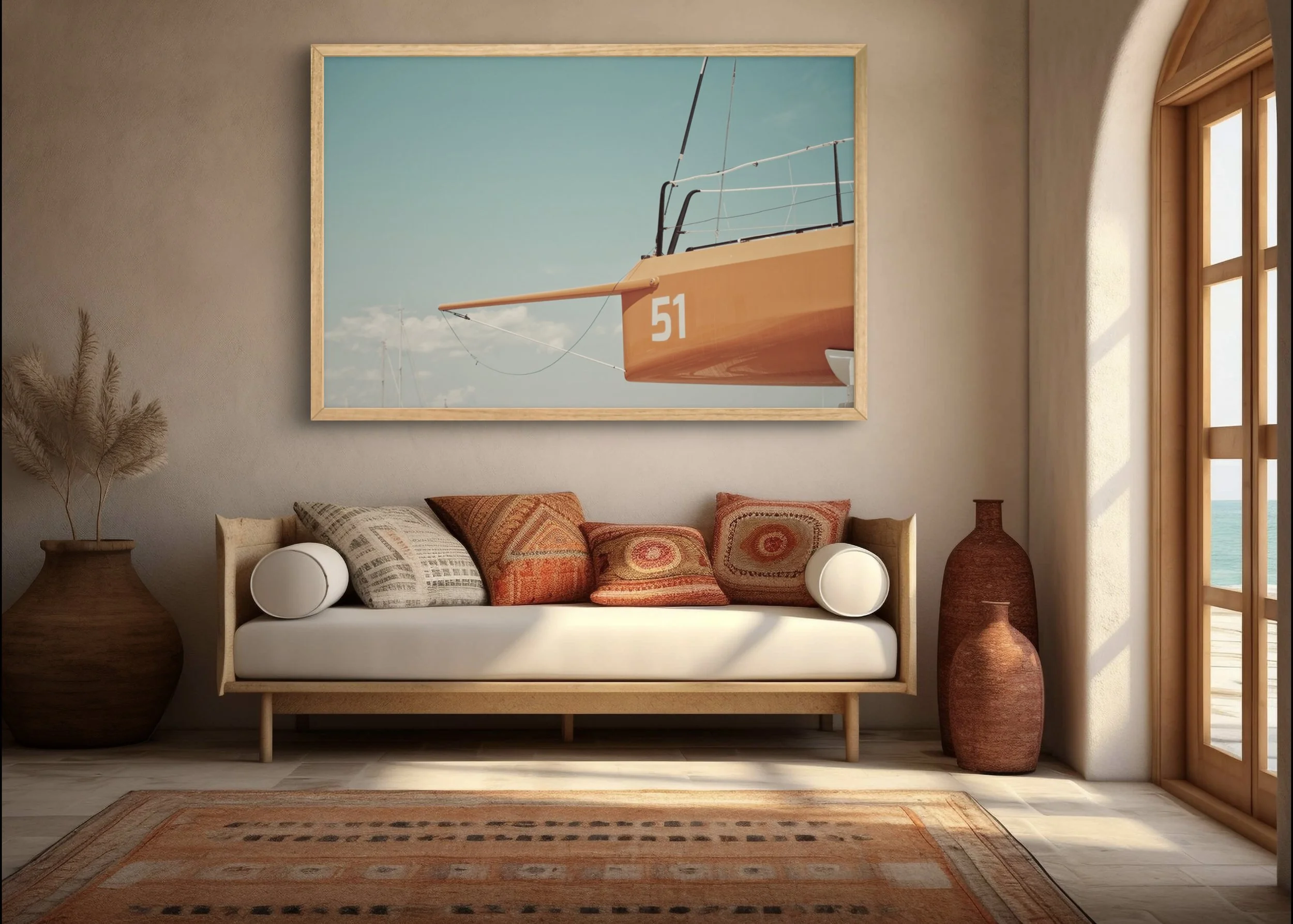 A living room with a beige sofa decorated with patterned cushions, a large framed picture of a sailboat with the number 51 on the wall above, potted plants in large vases on either side of the sofa, and a view of the ocean through glass doors on the 
