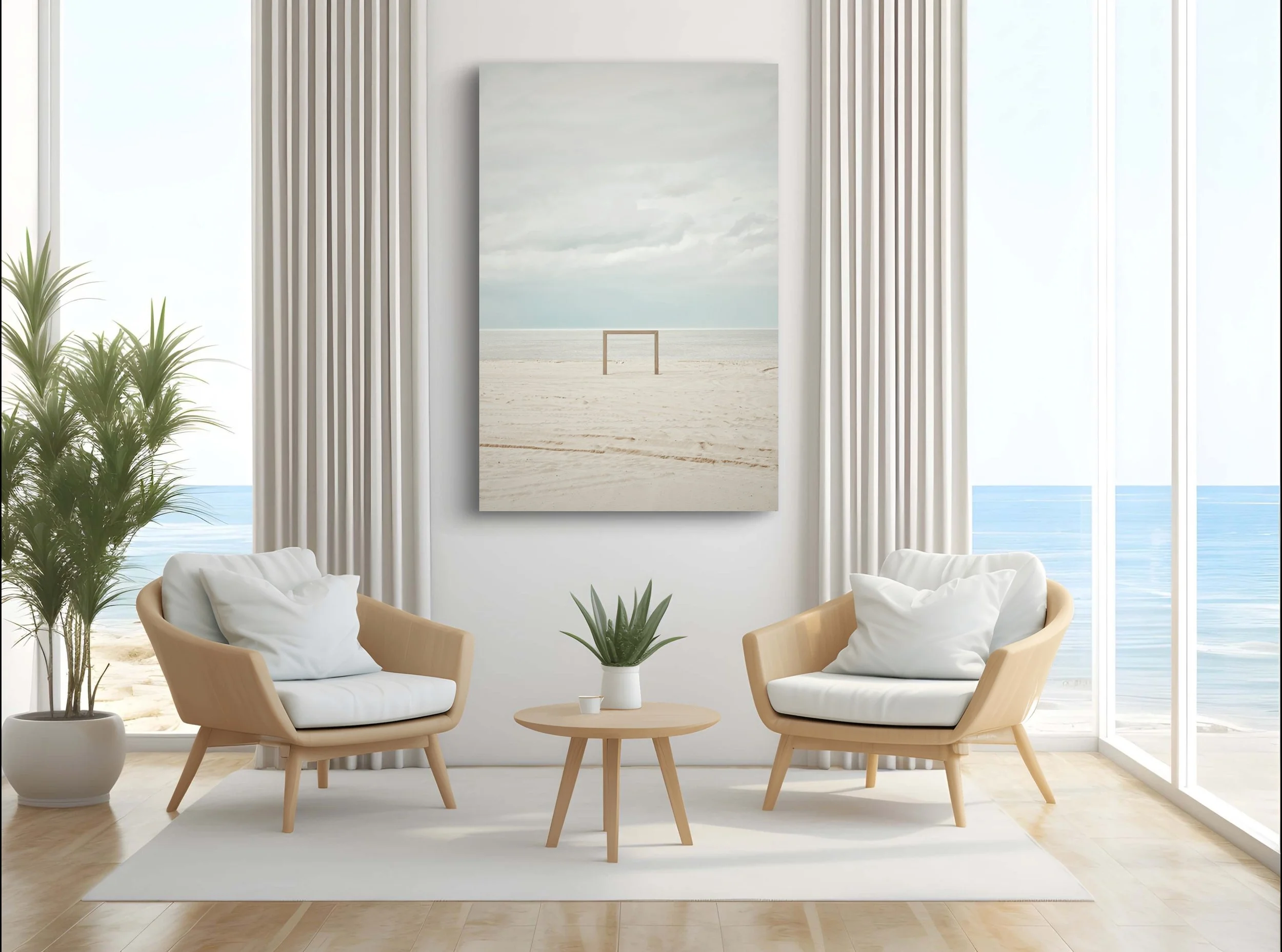 Modern living room with two beige armchairs with white cushions, a small round wooden table with a potted plant, large windows with ocean view, and a beach-themed painting on the wall.