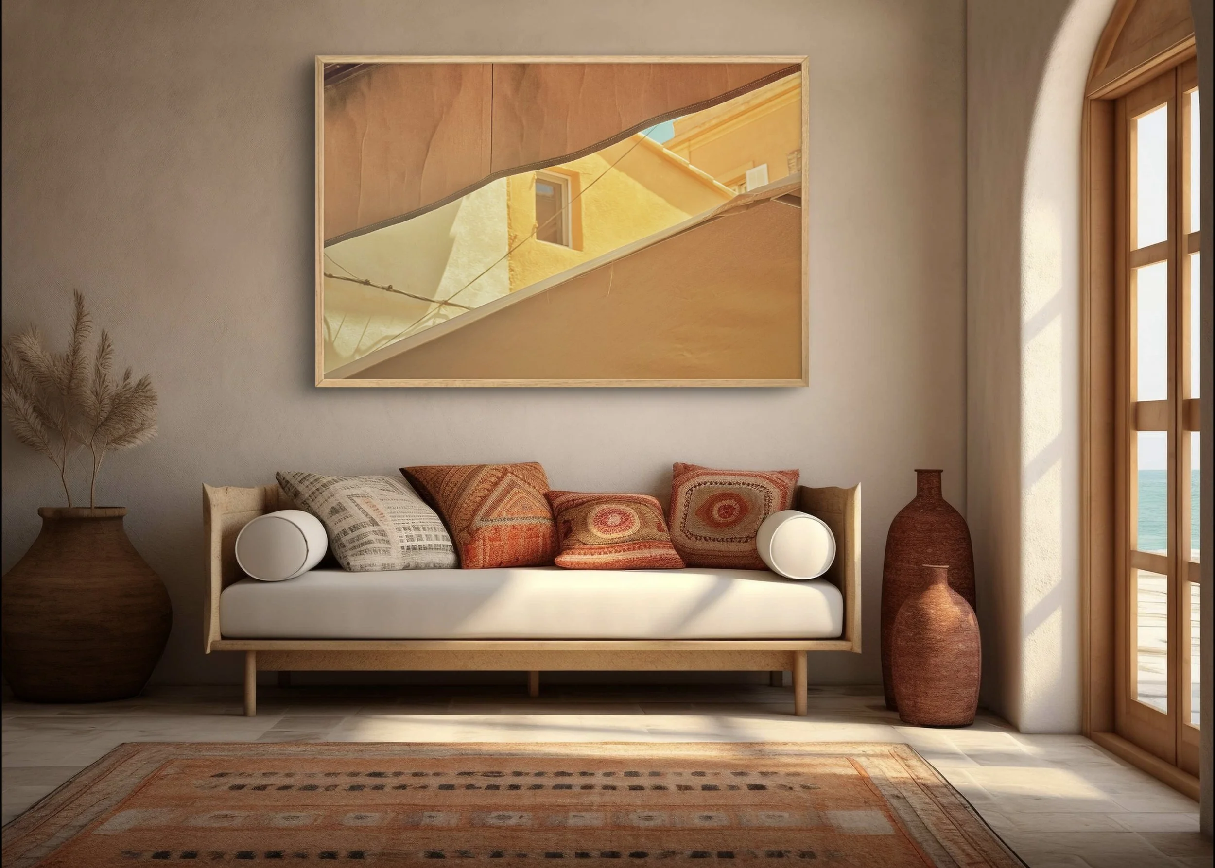 A cozy living room corner featuring a modern beige sofa with decorative pillows in earthy tones, flanked by large ceramic vases and a potted plant, with sunlight streaming through a large window and a contemporary abstract artwork hanging above.