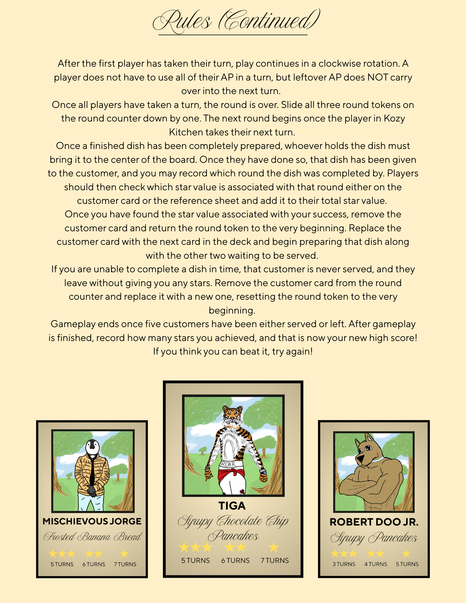 Page two of the rules of Served Sweet, including a couple more designs of the character cards.