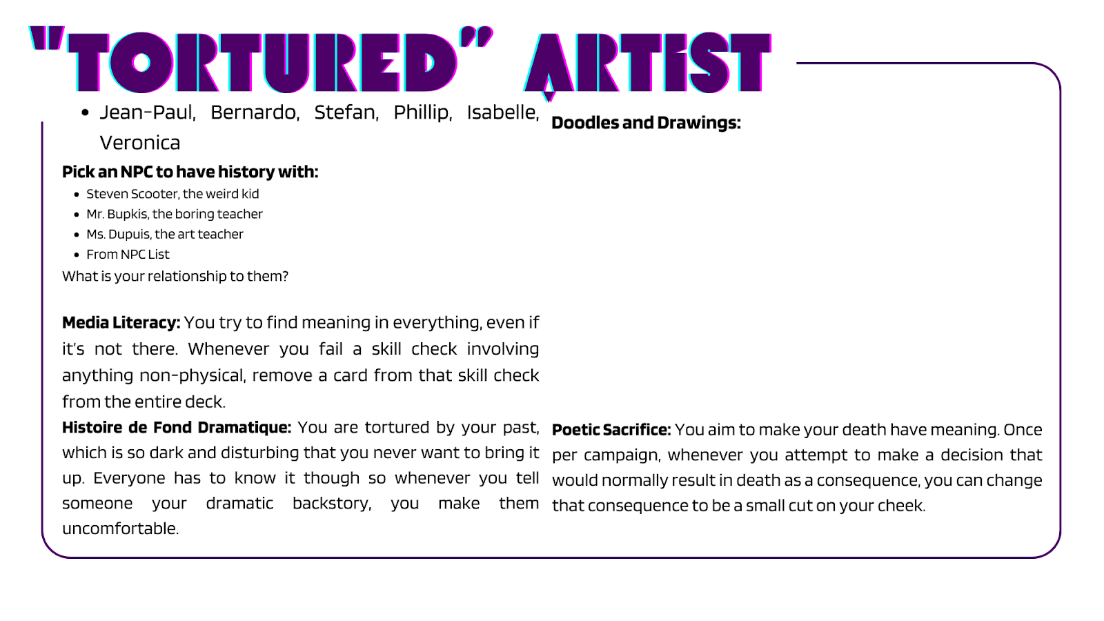 Character Card for the "Tortured" Artist.