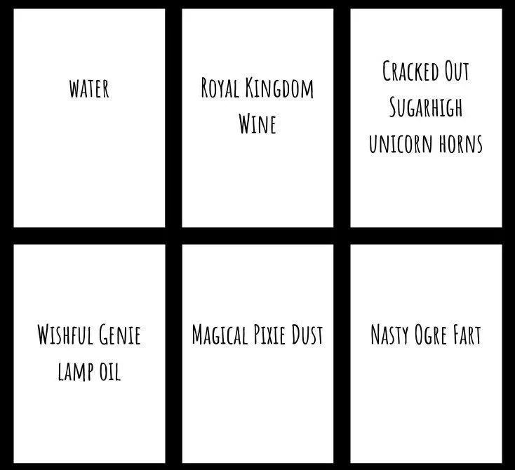 Examples of Potion Ingredients. Interviewees must play a combination of these cards and explain why their potion solves the prompt asked by the interviewer. I wanted them to be slightly suggestive as to what purpose they served, but ultimately their 