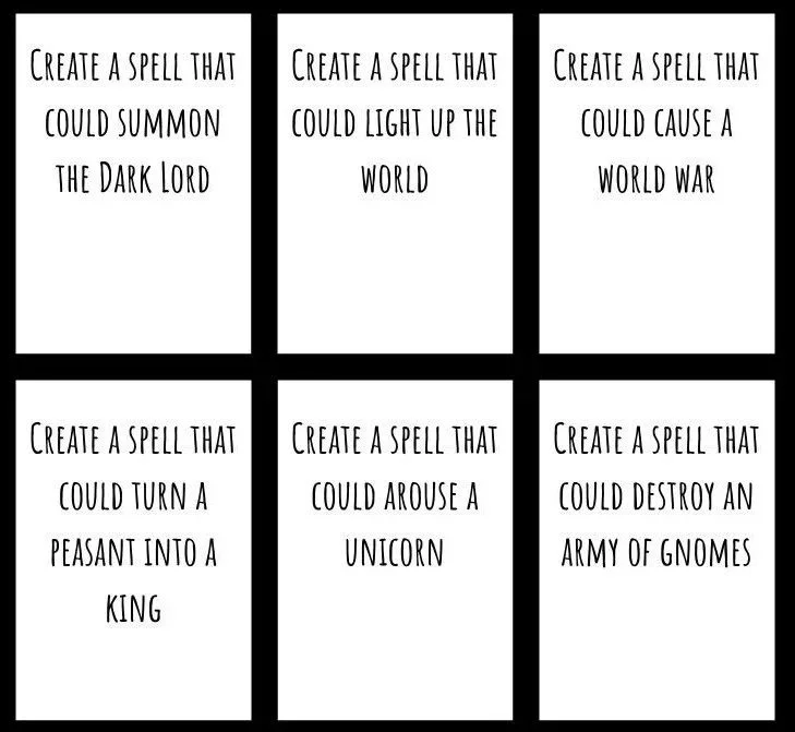 Examples of Spell Prompts. Similar to Potion Prompts, these questions are asked by the interviewer, and they are general enough to encourage a wide variety of spells.