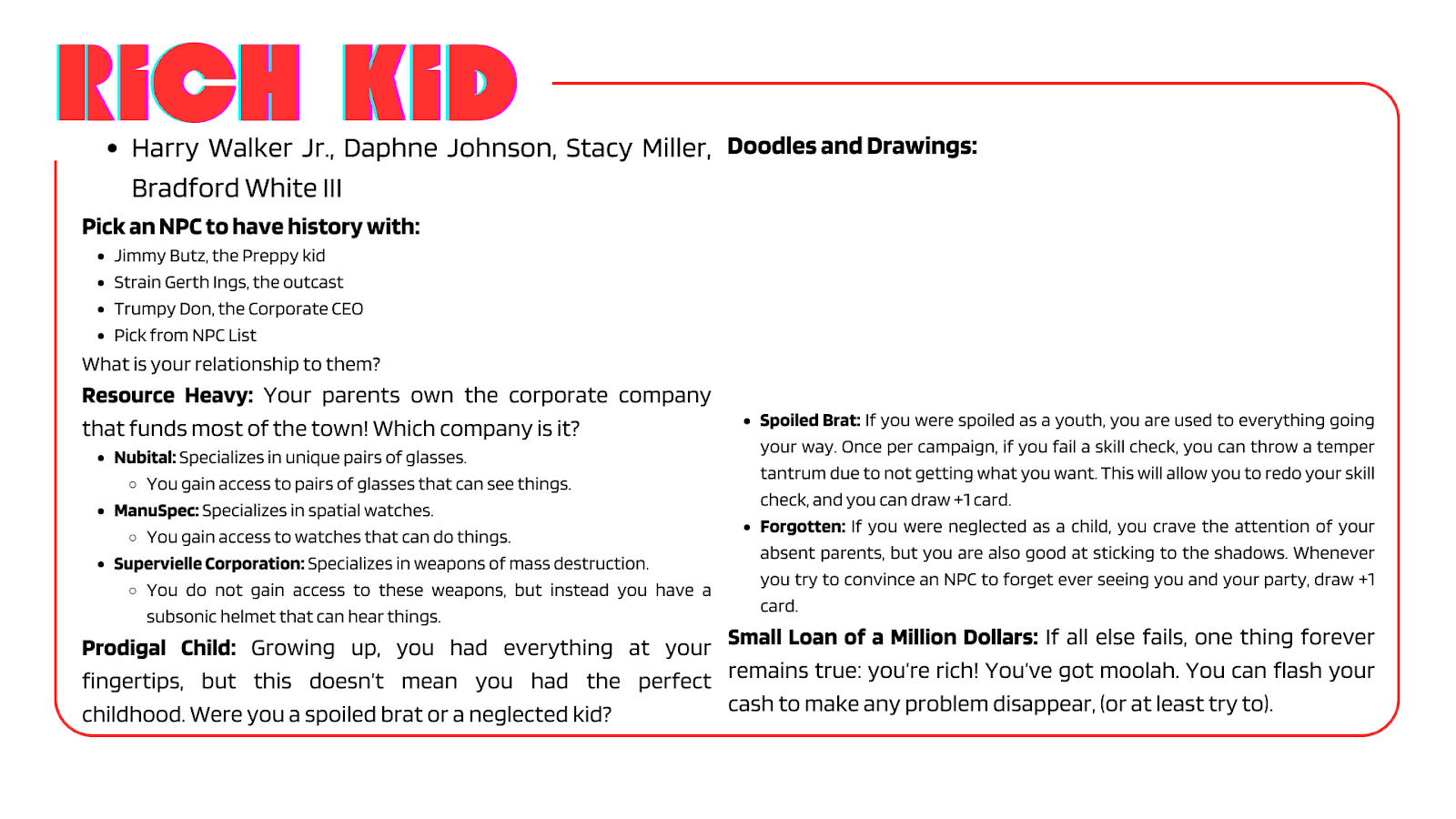 Character Card for the Rich Kid. 