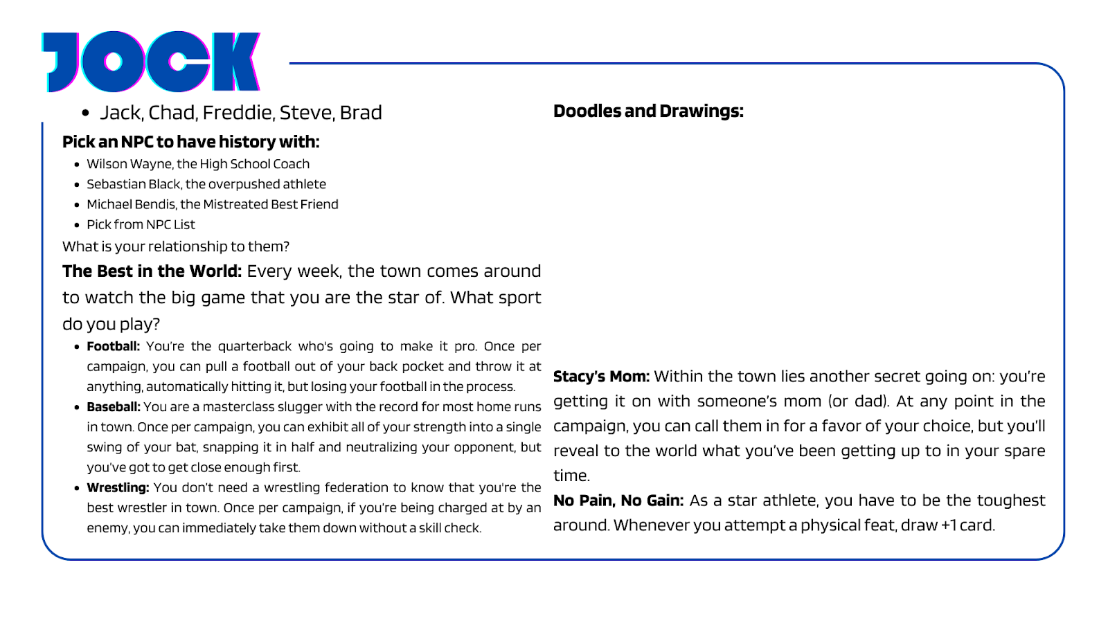 Character Card for the Jock.