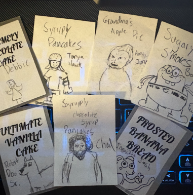 My first iteration of our character cards. These were quick sketches that aimed to give players information on which dishes needed to be prepared and who wanted them.