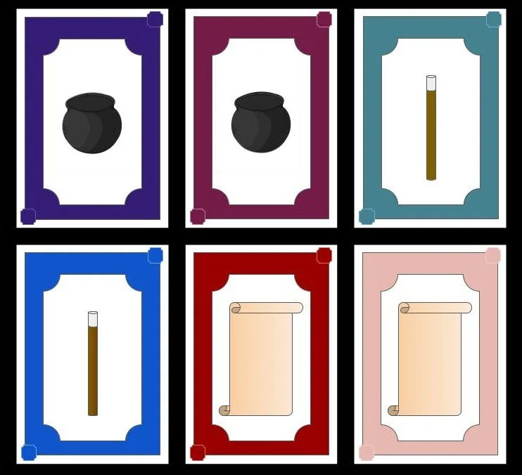 The card designs of The Chosen One. I created them on Google Slides (lol), and I wanted the images to show the intent of the cards without using words. The card types, from left to right, are Potion Prompts, Potion Ingredients, Spell Casts, Spell Pro