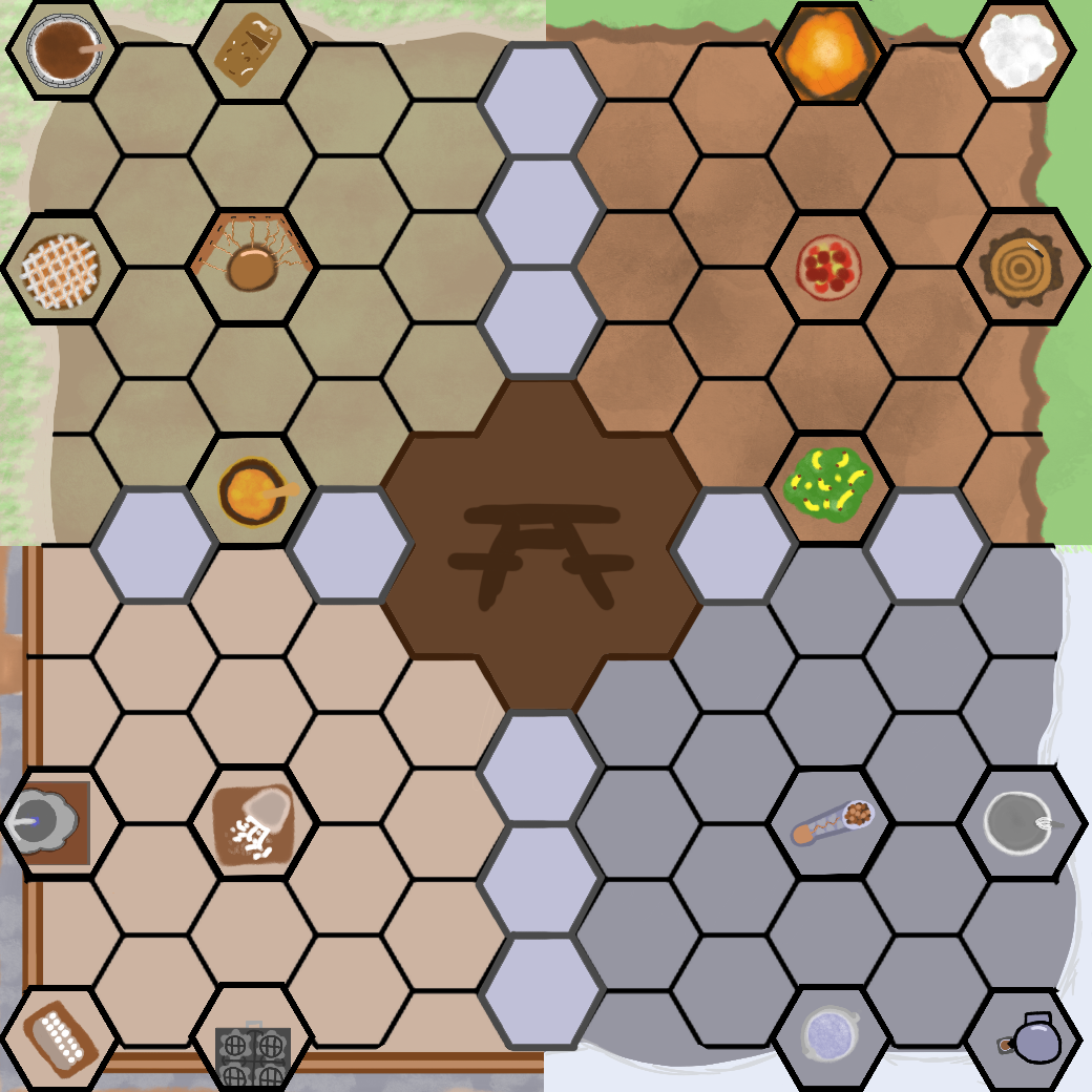 My final iteration of the board. I worked with a wonderful designer named Daniel Valentine to make sure that each quadrant had a unique design that fit their theme. We expanded the finished dessert area both to limit movement space for players and re