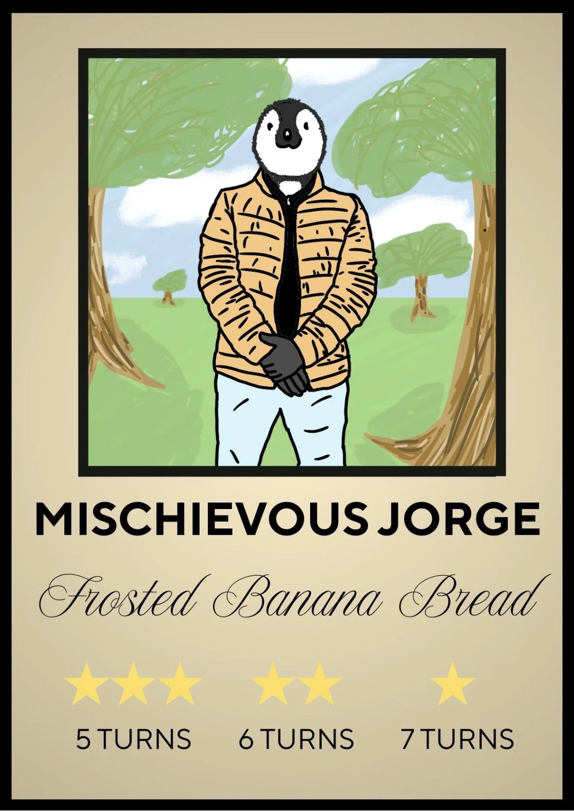 My final iteration of the character cards. The new design now includes three components: the character itself, both named and drawn by me, the specific dish which the character requested, and the number of stars the players would generate depending o