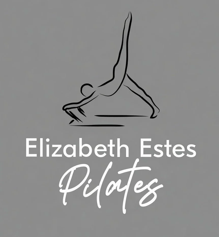 Line drawing of a person in a side plank yoga pose, with the text 'Elizabeth Estes Pilates' below.
