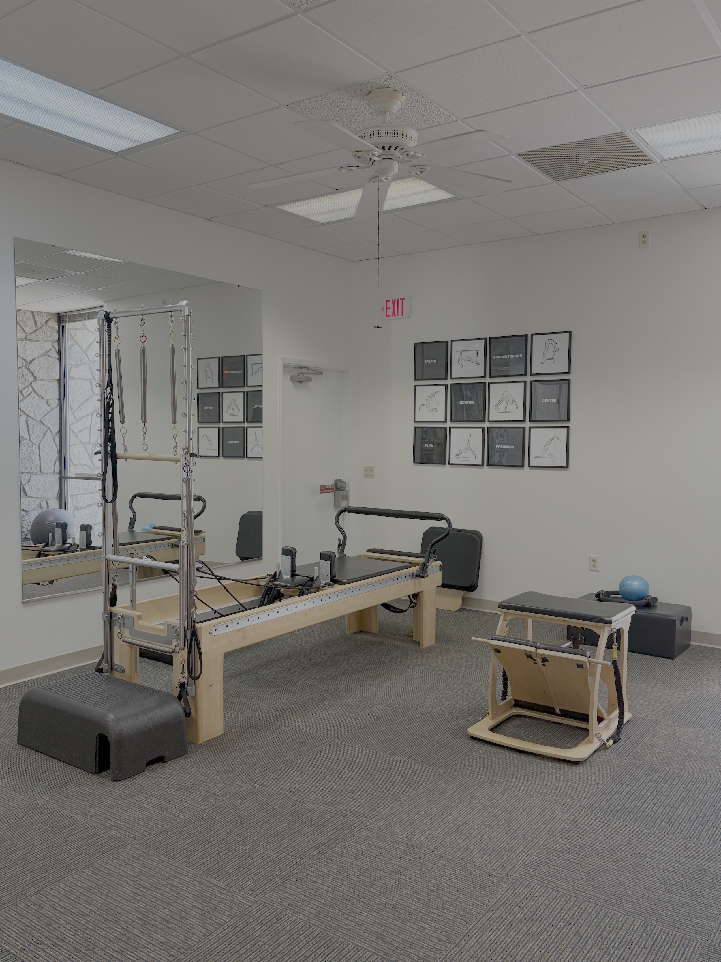 Rehab therapy room with Pilates reformer, black exercise ball, blue exercise ball, stretching equipment, wall mirror, framed educational posters, ceiling fan, and ceiling lights.