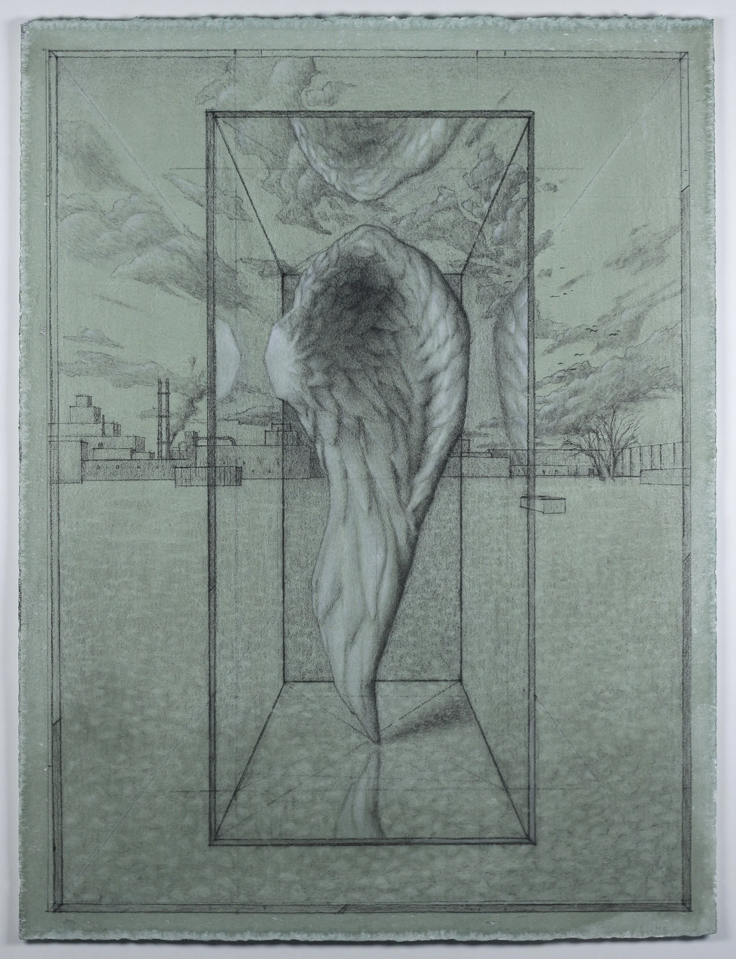 Messenger, 2025. Charcoal, white chalk, and graphite, on toned paper, 15" x 17"