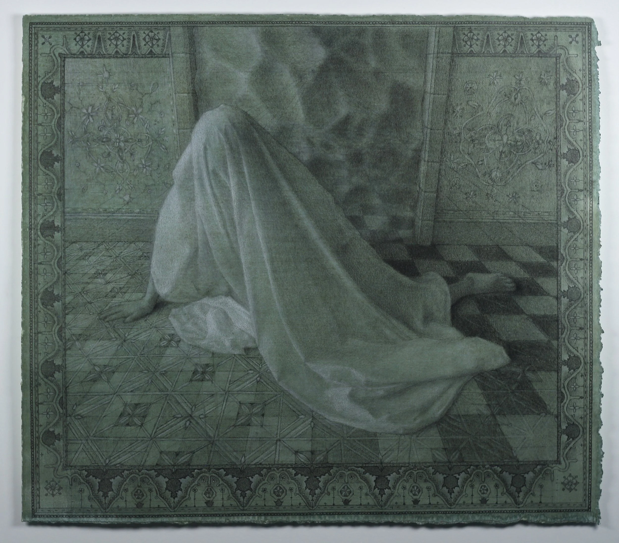 Three Veils, 2025. Charcoal, white chalk, and graphite, on toned paper, 15" x 17"