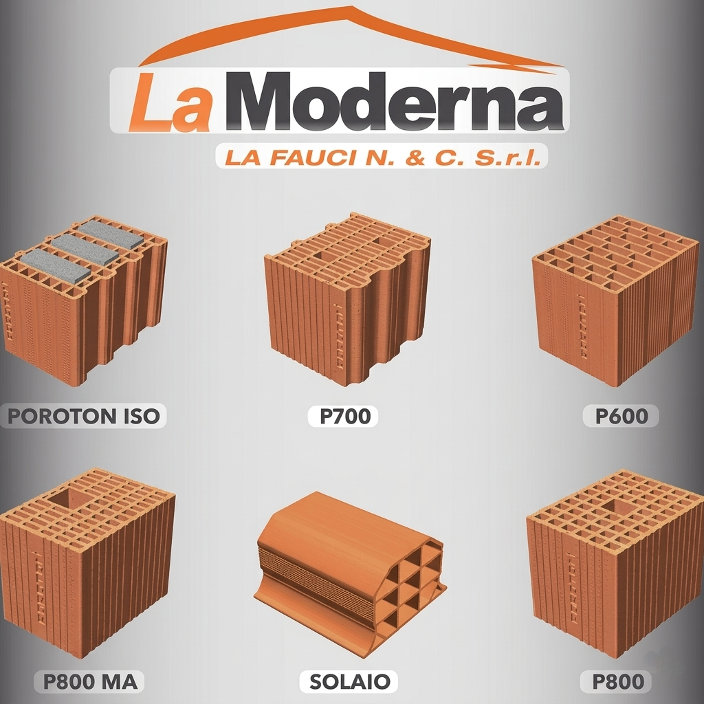 Sei diversi tipi di mattoni di laterizio con vari fori e caratteristiche, tra cui POROTON ISO, P700, P600, P800 MA, P800, e un solaio in lamiera. In alto il logo dell'azienda La Moderna.