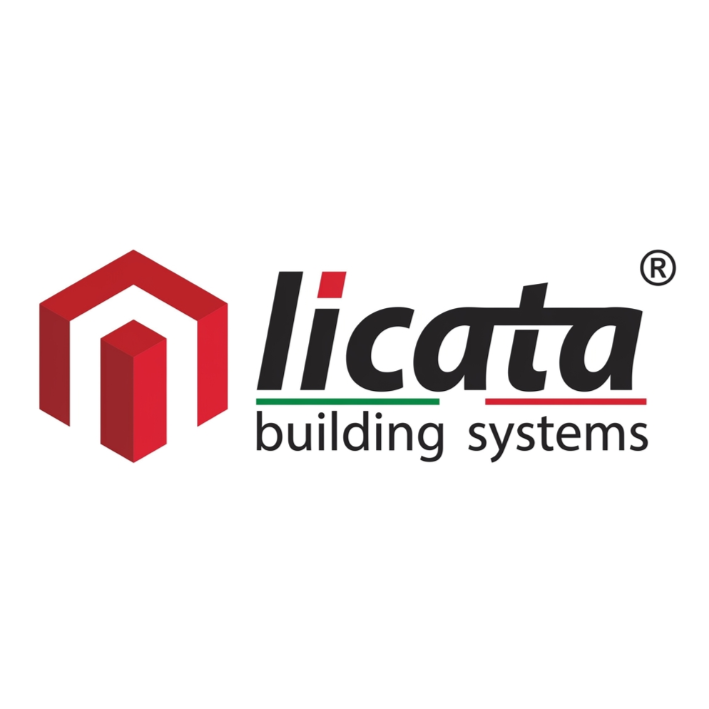 Logo di Licata Building Systems con simbolo a forma di tetto rosso e testo in nero con linee tricolori sotto e titolo 'building systems'.