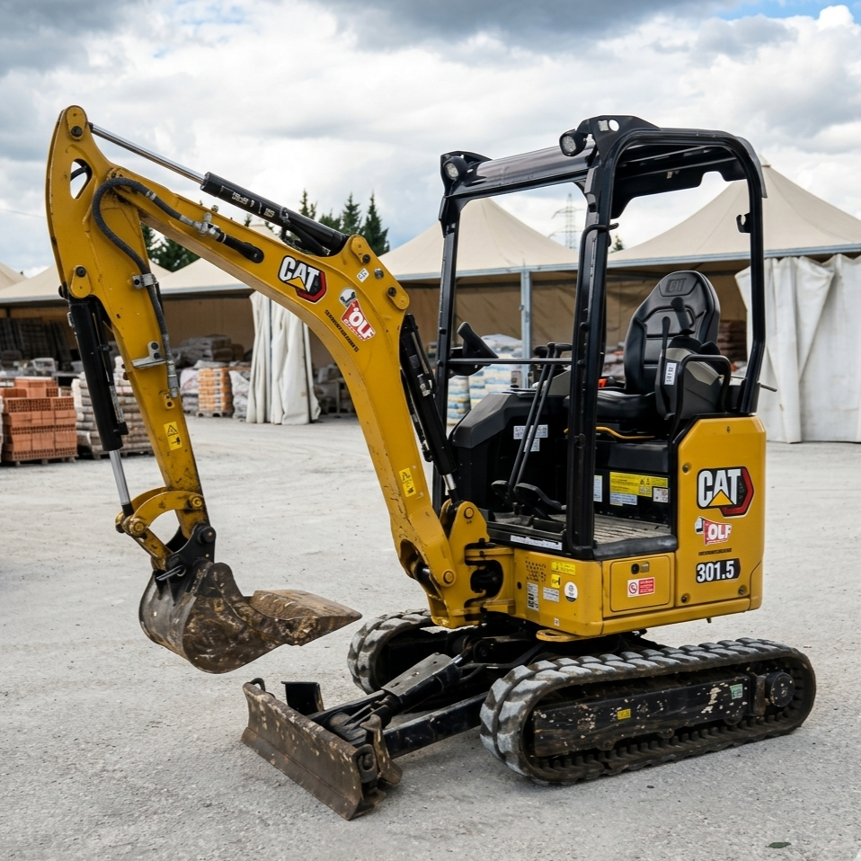 Mini escavatore giallo Caterpillar su cingoli, ripreso lateralmente, parcheggiato in un piazzale di materiali edili al tramonto, con benna frontale e braccio idraulico in primo piano e altri mezzi da lavoro sullo sfondo.