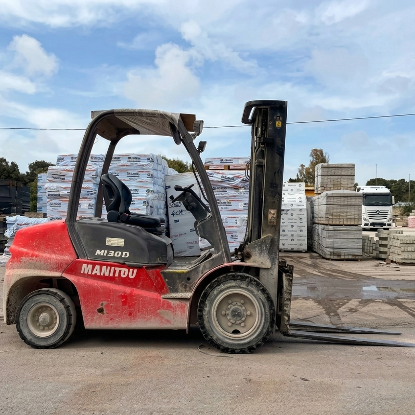 Carrello elevatore Manitou rosso con forche frontali, visione laterale, parcheggiato in un piazzale di materiali edili, con pallet di sacchi impilati e alberi sullo sfondo.