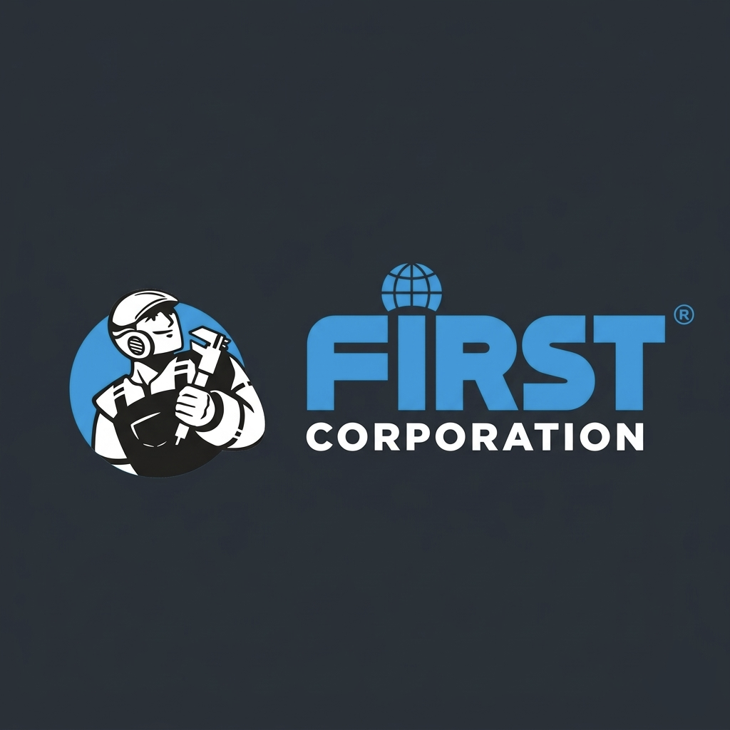 Logo della compagnia FIRST Corporation con un'immagine stilizzata di un uomo, e il testo "FIRST Corporation" accompagnato da un globo orbitante sopra la parola "FIRST".