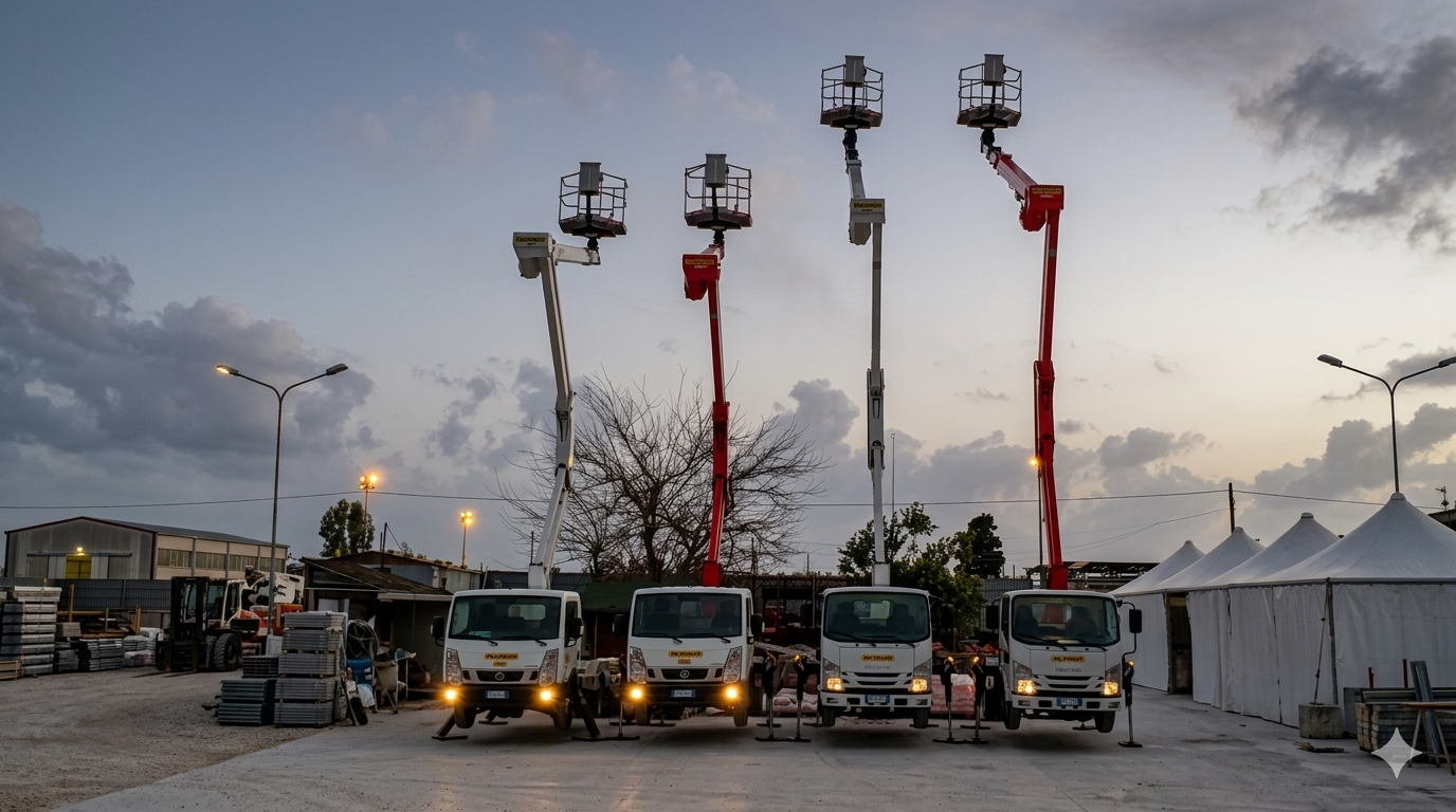 Quattro camion con piattaforme aeree sollevate, allineati in un piazzale industriale al tramonto, con cestelli in alto, fari accesi e strutture e materiali edili sullo sfondo.