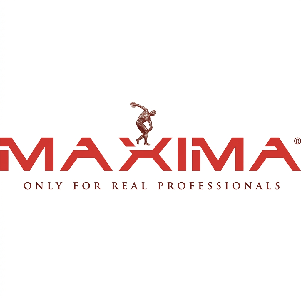 Logo Maxima in rosso su sfondo chiaro, con figura stilizzata di atleta al centro e slogan “Only for real professionals” sotto il marchio.