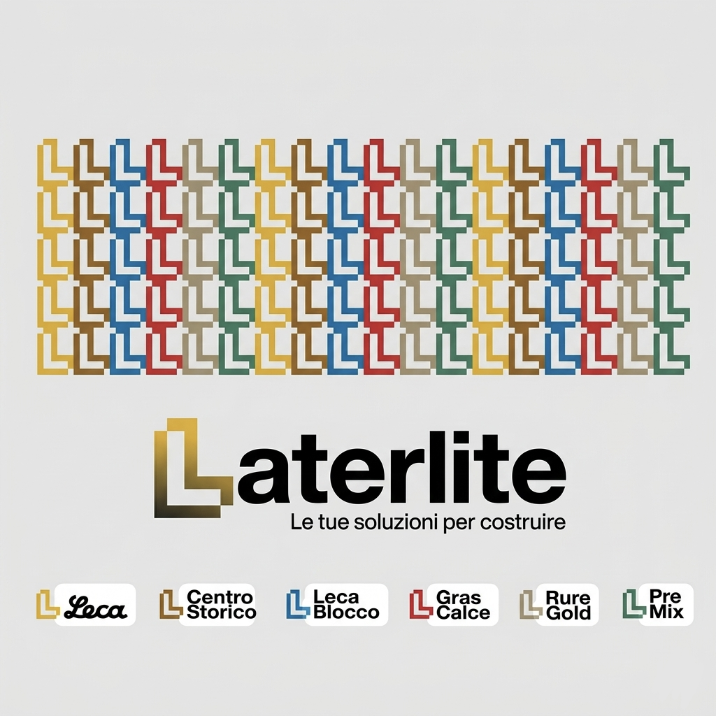 Logo Laterlite con vari blocchi colorati di costruzione e testo che promuove soluzioni per costruire, con una legenda che indica diversi materiali come Leca, Centro Storico, Leca Blocco, Gras Calce, Rure Gold e Pre Mix.