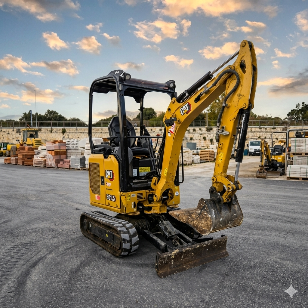 Mini escavatore giallo Caterpillar su cingoli, parcheggiato in un piazzale di materiali edili al tramonto, con benna frontale e braccio idraulico in primo piano e altri mezzi da lavoro sullo sfondo.
