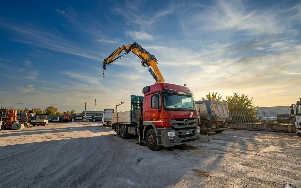 Camion con gru che solleva materiali da costruzione in un cantiere durante il tramonto.