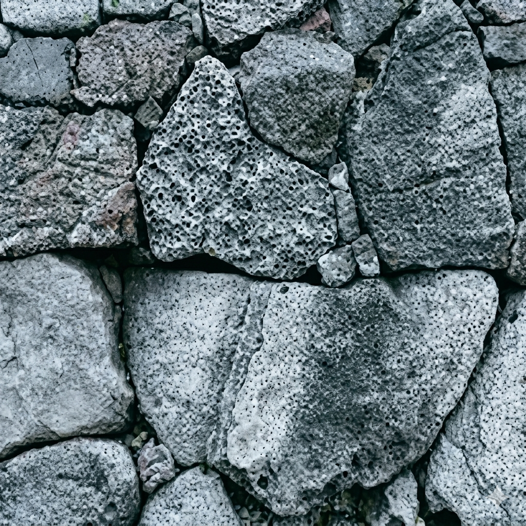 Primo piano di pietre vulcaniche grigie e porose, disposte in modo irregolare a formare una superficie compatta, con texture ruvida e cavità naturali ben visibili.