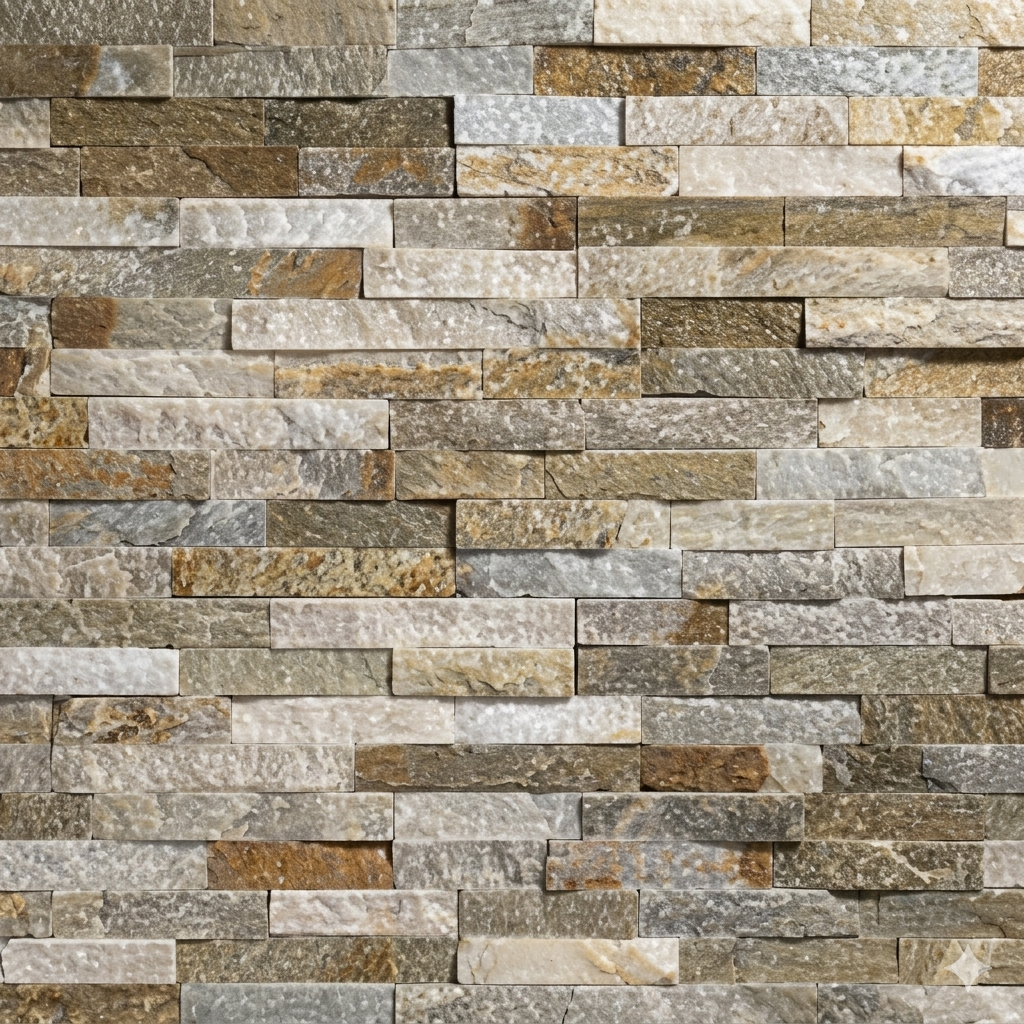 Rivestimento murale in pietra naturale con listelli rettangolari di diverse dimensioni, nelle tonalità del beige, grigio e marrone, disposti in modo sfalsato per creare un effetto tridimensionale e materico.
