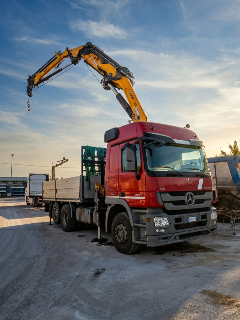 Camion rosso con gru idraulica gialla montata sul cassone, parcheggiato in un piazzale industriale all’aperto durante il tramonto, con altri mezzi da lavoro sullo sfondo e cielo parzialmente nuvoloso.