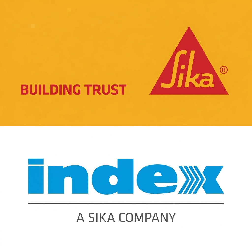 Logo aziendale con marchio Sika su sfondo giallo con la scritta “Building Trust” e, sotto, logo Index in blu con dicitura “A Sika Company” su sfondo bianco.