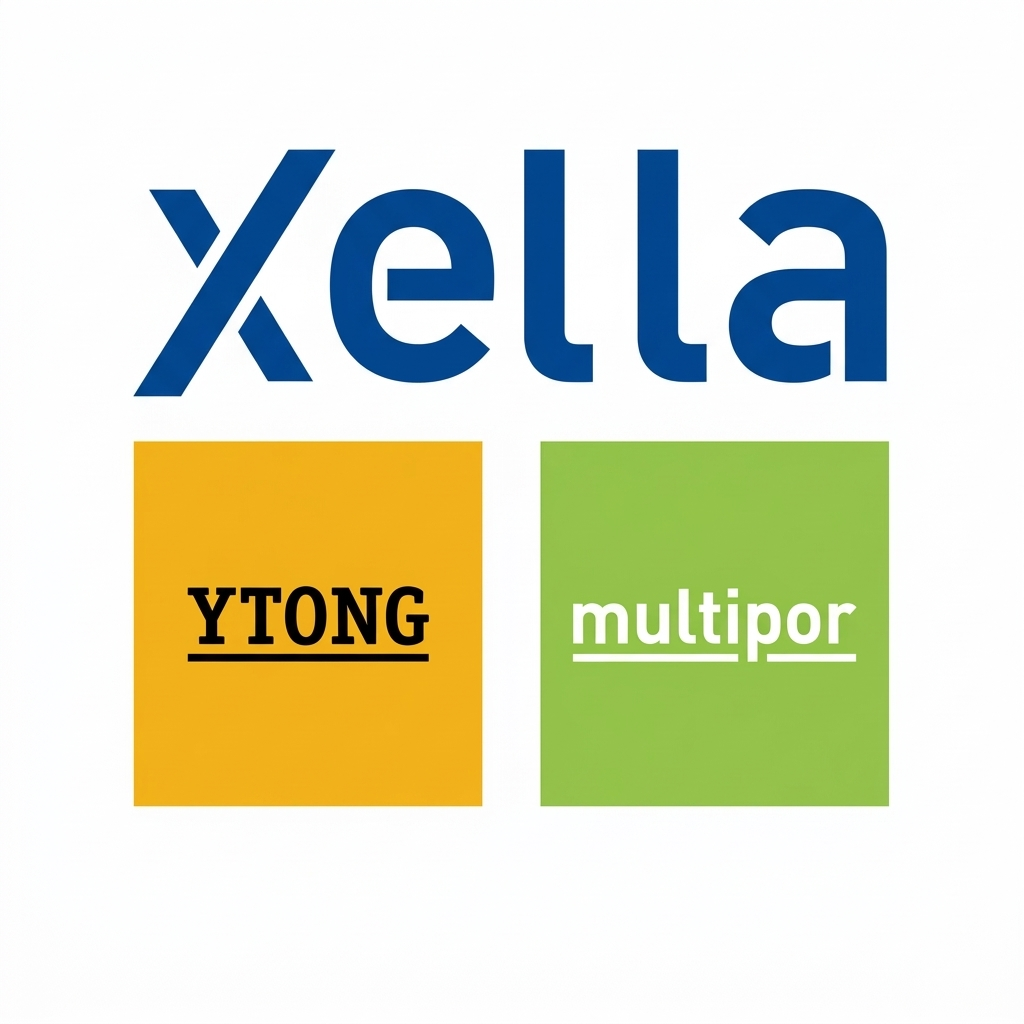 Logo con la parola 'Xella' in blu, due quadrati, uno giallo con 'Y TONG' in nero e sottolineato e uno verde con 'multipor' in bianco e sottolineato.