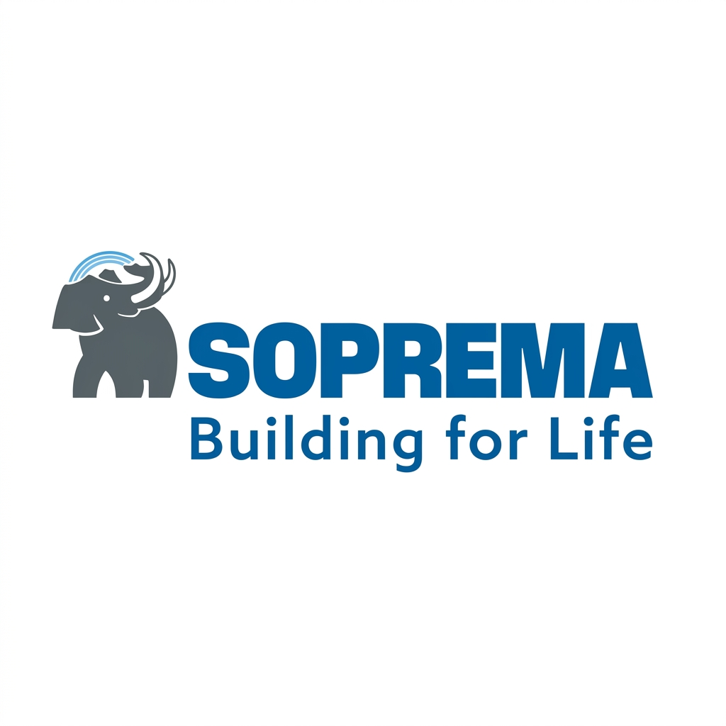 Logo con elefante stilizzato e testo 'SOPREMA Building for Life' in blu.