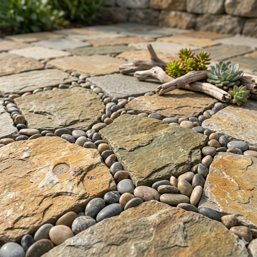 Pavimentazione in pietra con ciottoli decorativi e piante succulente.