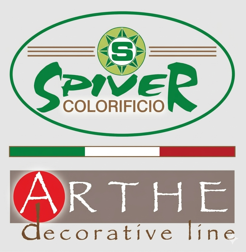 Logo del colorificio 'Spiver Colorificio' con una barra dei colori verde, bianco e rosso come la bandiera italiana, e un altro logo chiamato 'Arthe decorative line' con la lettera A circondata da un cerchio rosso e il testo in bianco.