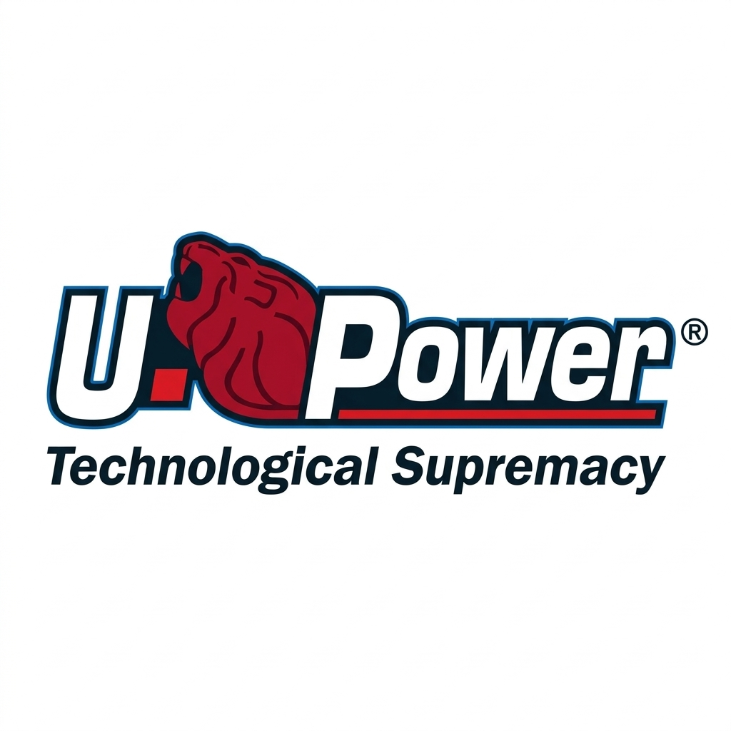 Logo con un leone rosso e la scritta "U Power" in bianco e nero, accompagnato dalla frase "Technological Supremacy".