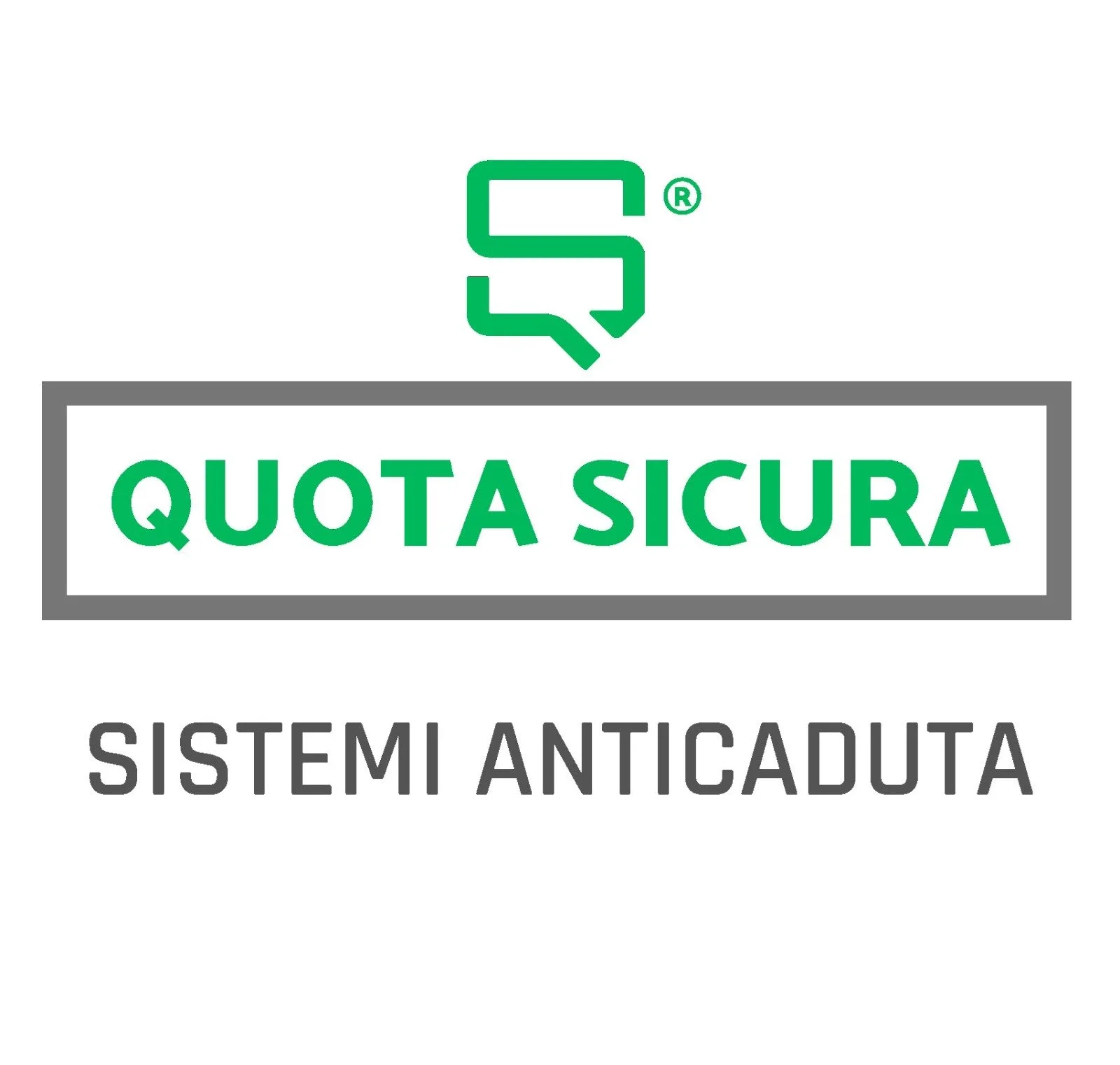 Logo ufficiale Quota Sicura® – Sistemi Anticaduta: icona verde a forma di fumetto con lettera S, nome del brand in verde su cornice grigia, sottotitolo Sistemi Anticaduta in grigio